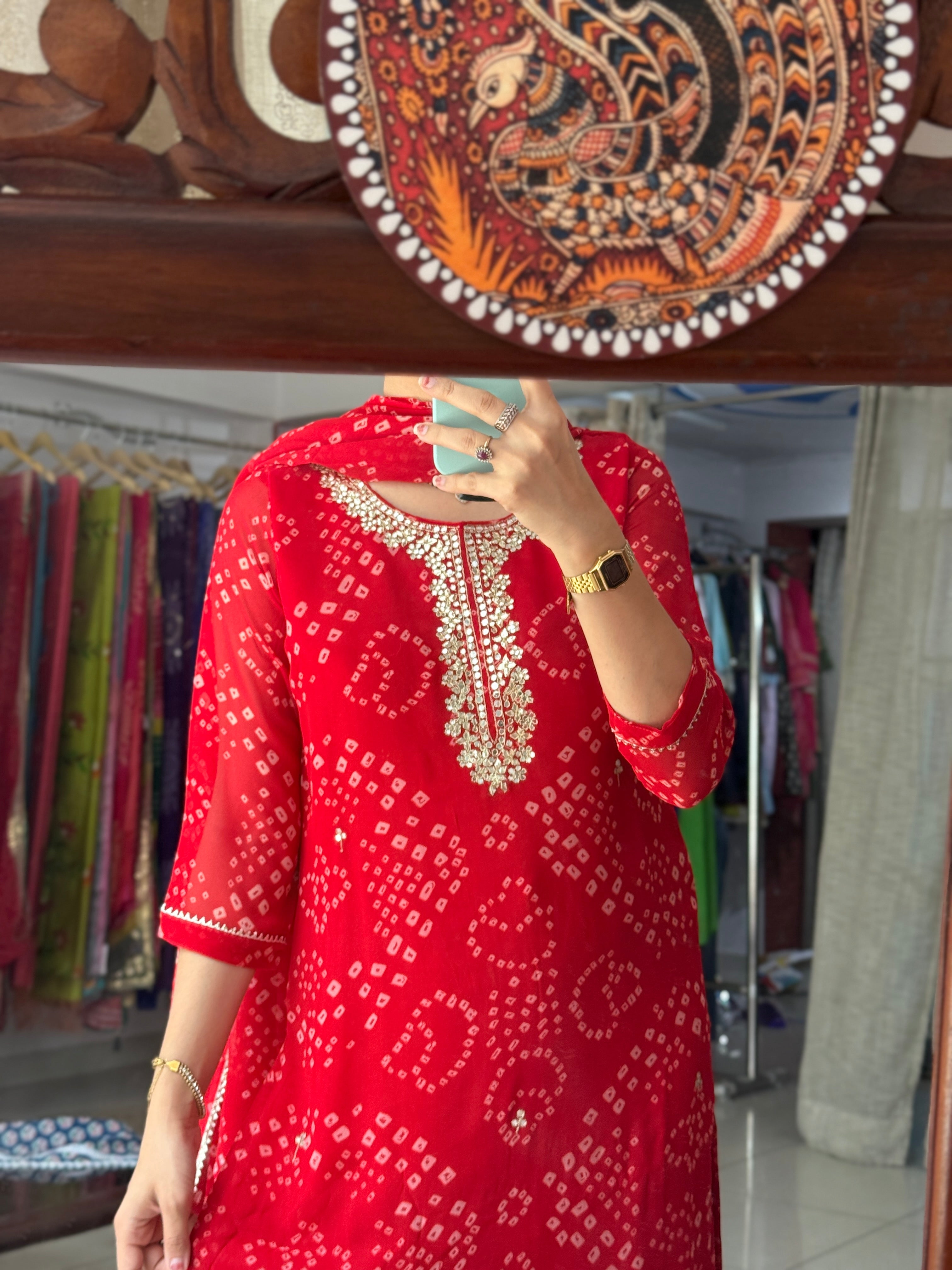 Red Bandhani Suit Set for Women | Printed Ethnic Suit with Dupatta