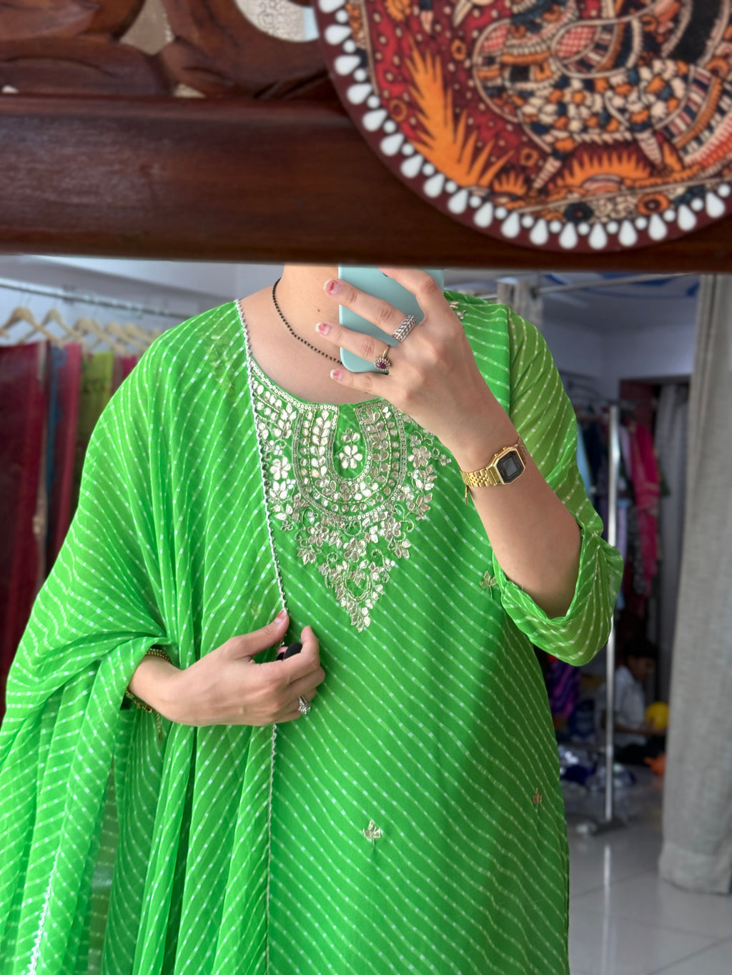 Green Leheriya Suit Set for Women | Embroidered Ethnic Suit with Dupatta