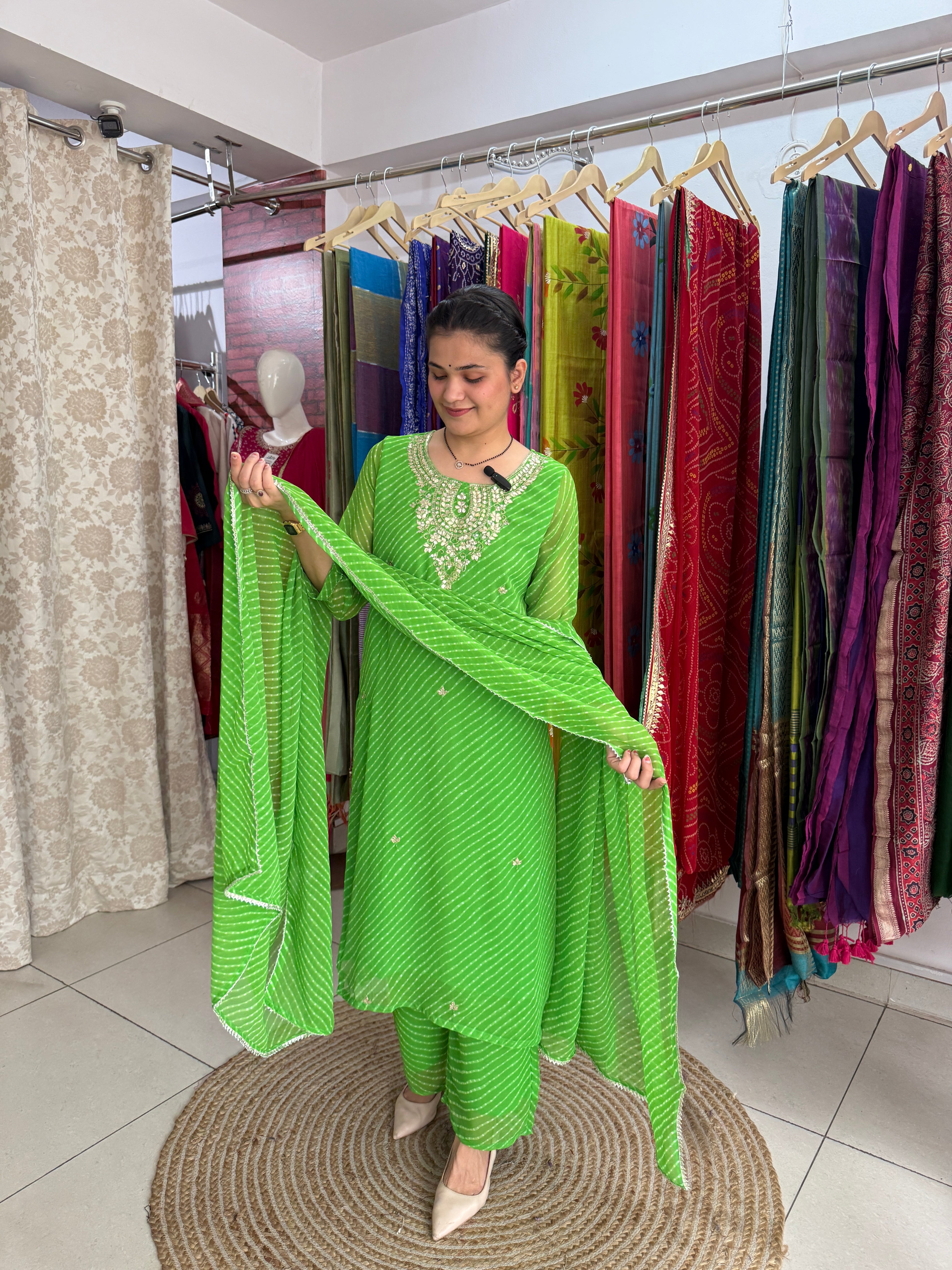Green Leheriya Suit Set for Women | Embroidered Ethnic Suit with Dupatta