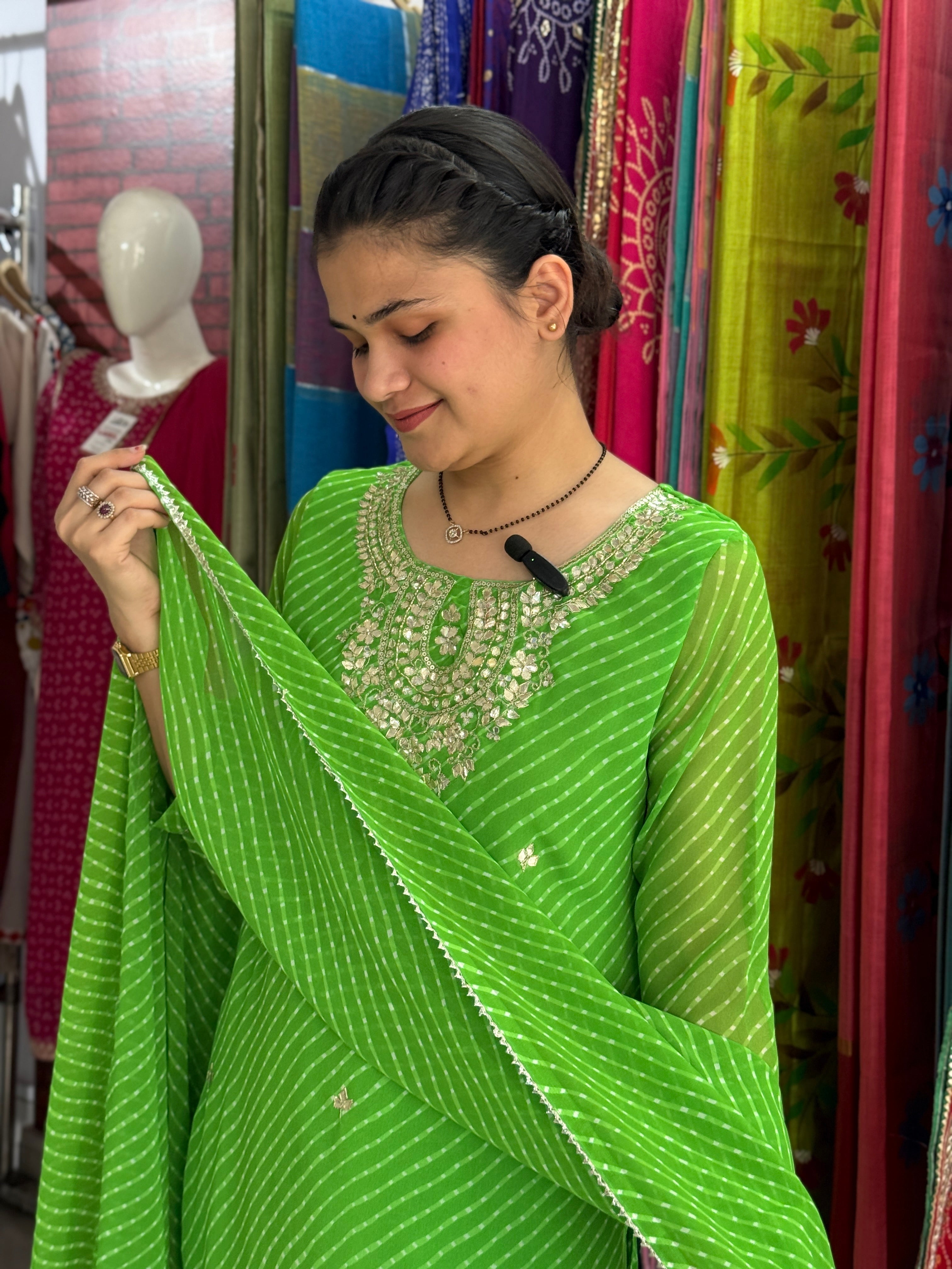 Green Leheriya Suit Set for Women | Embroidered Ethnic Suit with Dupatta