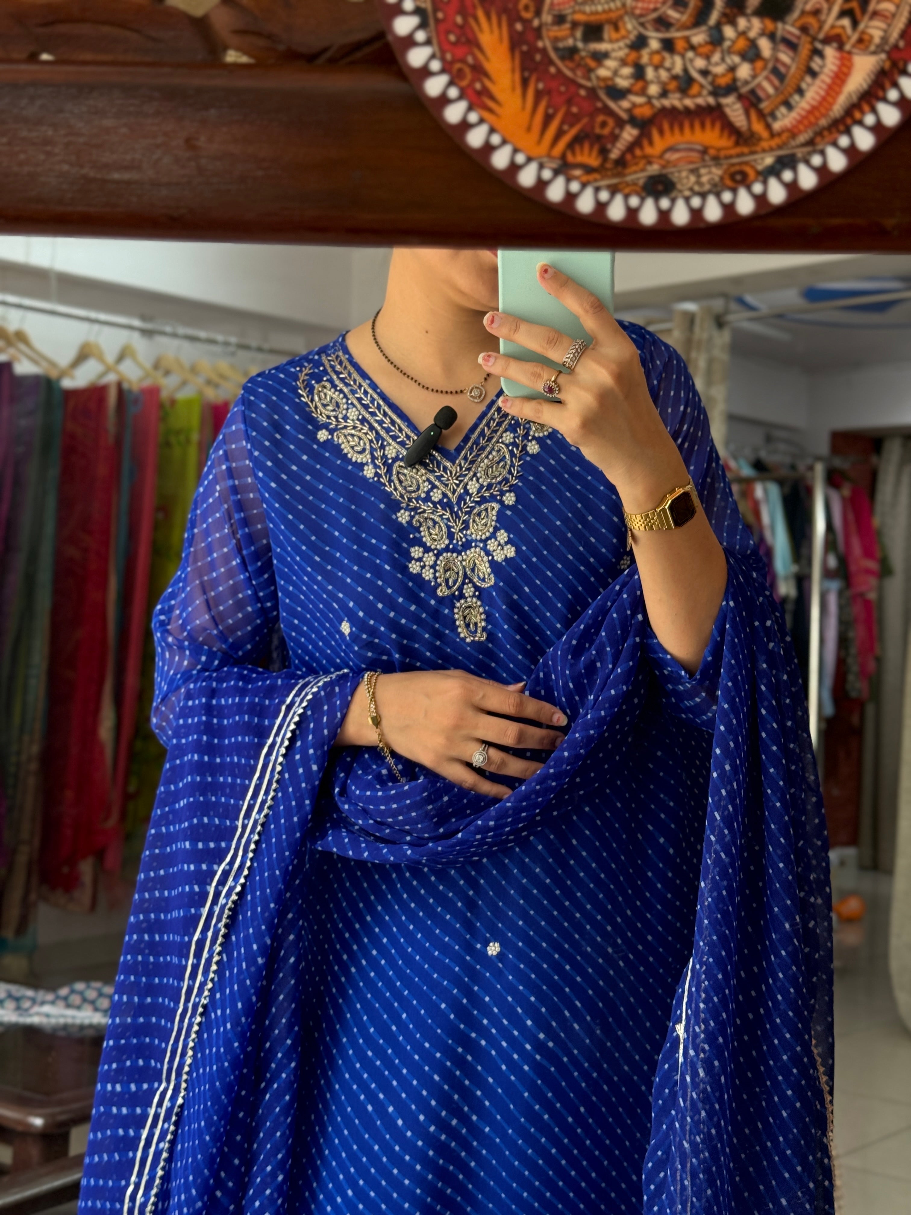 Blue Leheriya Suit Set for Women | Embroidered Ethnic Suit with Dupatta
