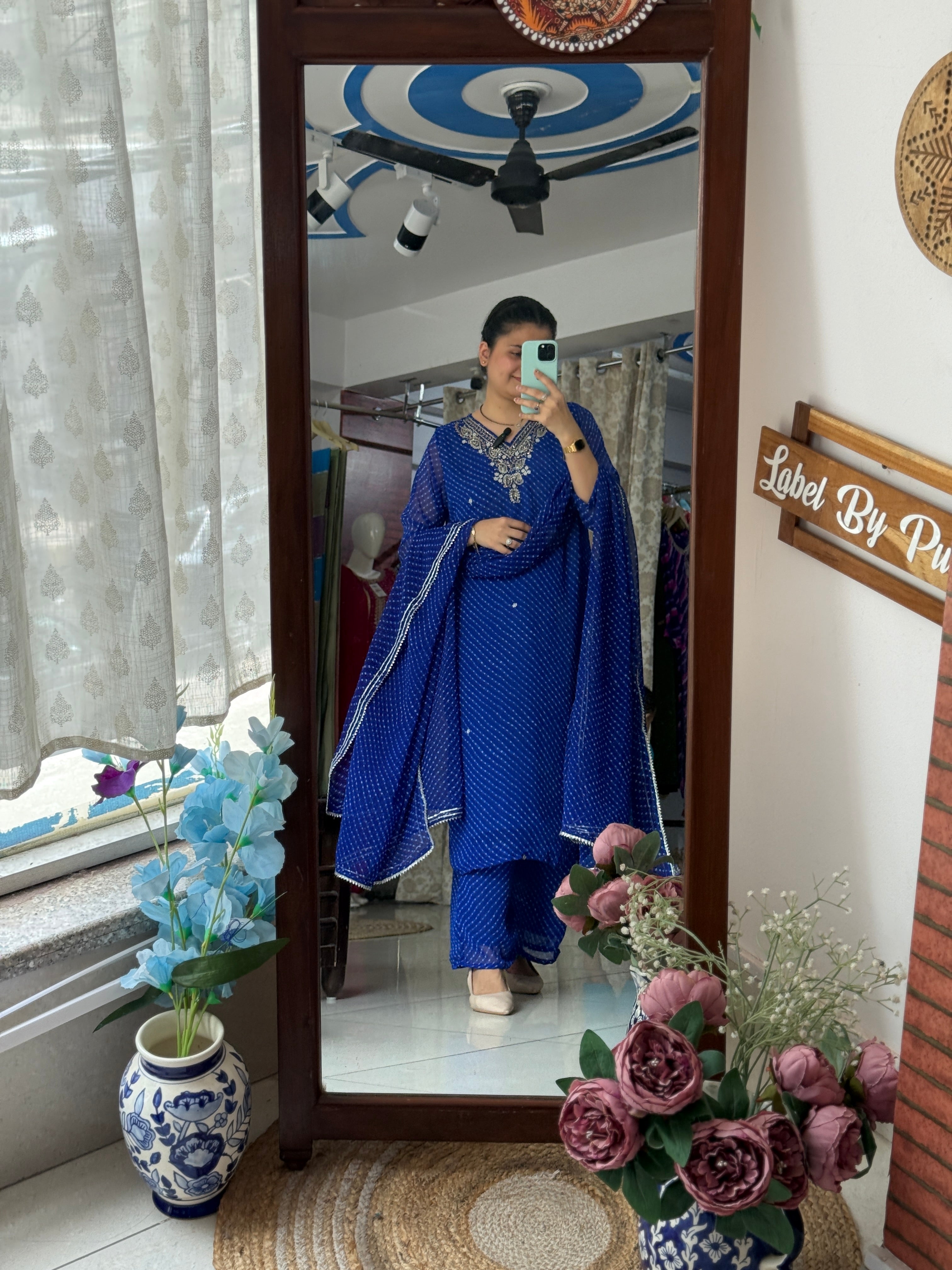 Blue Leheriya Suit Set for Women with Embroidered Neckline and Matching Dupatta | Label By Pushp