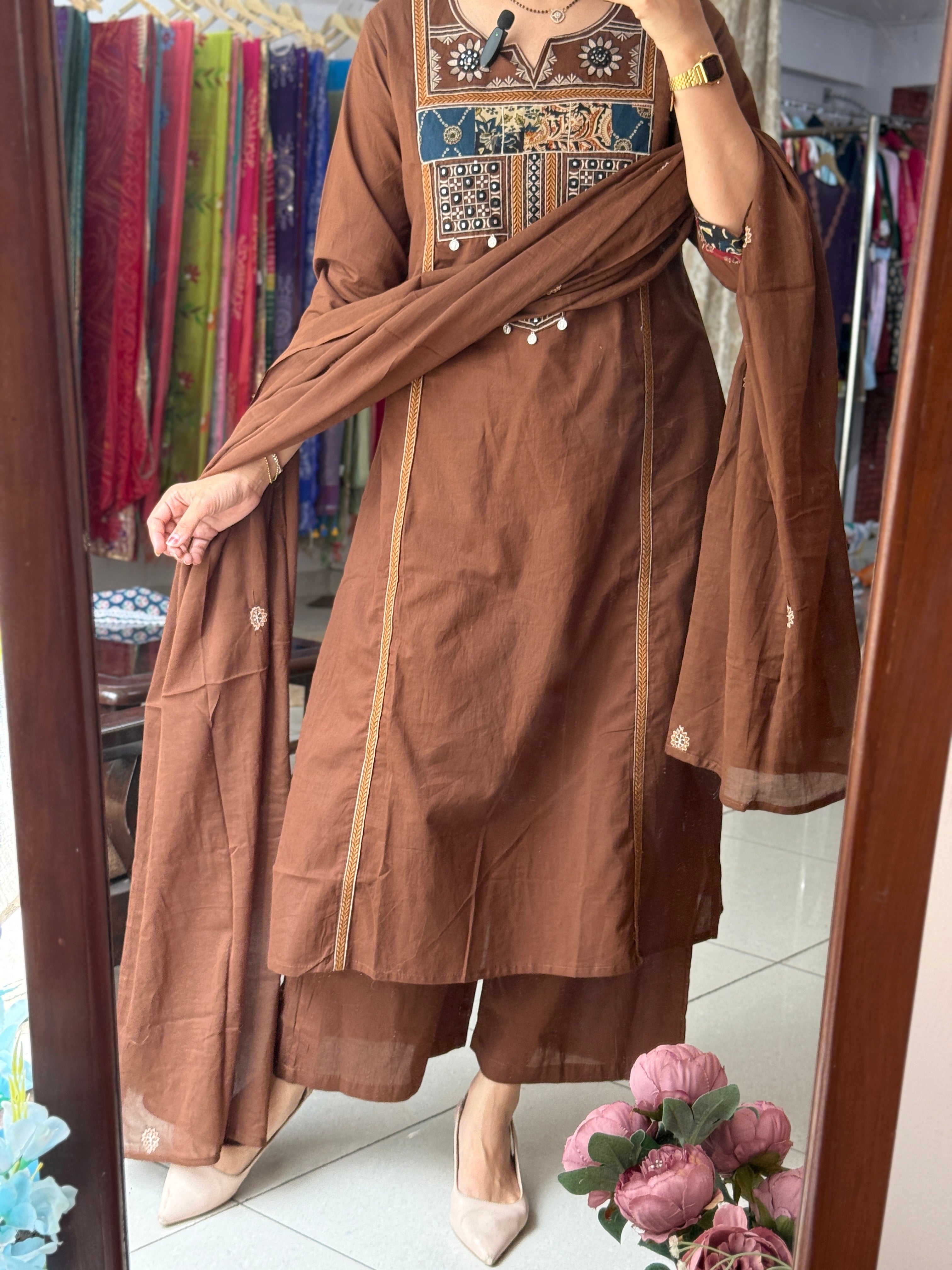 Brown Embroidered Suit Set for Women | Ethnic Suit with Dupatta