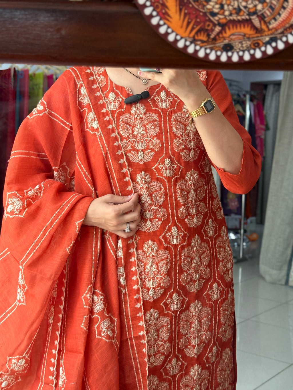 Orange Kantha Hand Work Suit Set for Women | Ethnic Suit with Dupatta
