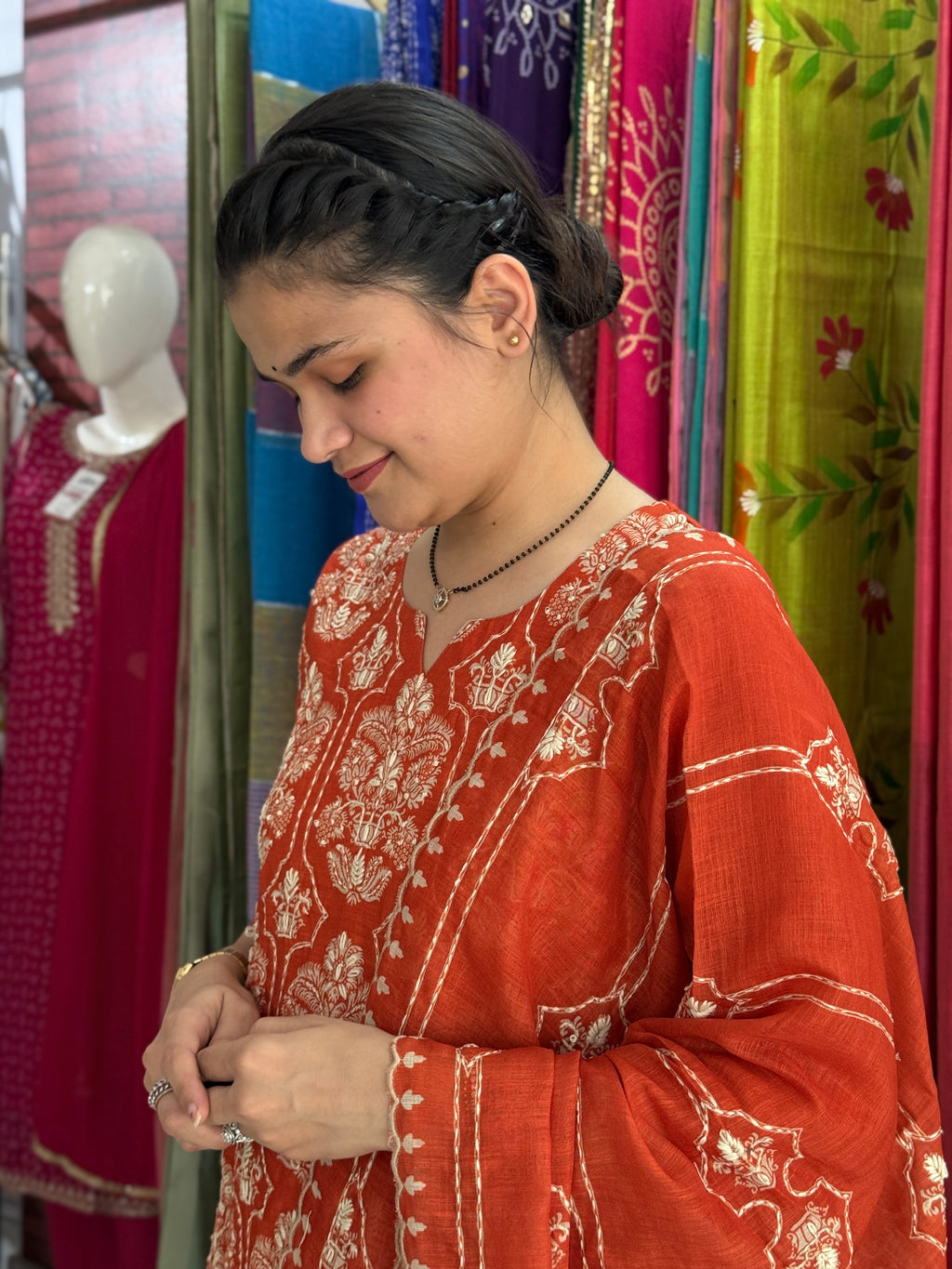 Orange Kantha Hand Work Suit Set for Women | Ethnic Suit with Dupatta