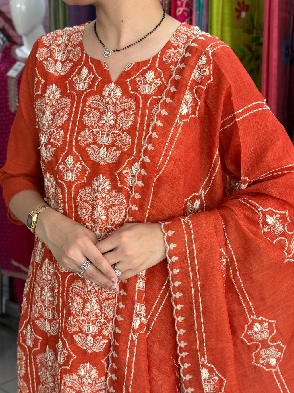 Orange Kantha Hand Work Suit Set for Women | Ethnic Suit with Dupatta