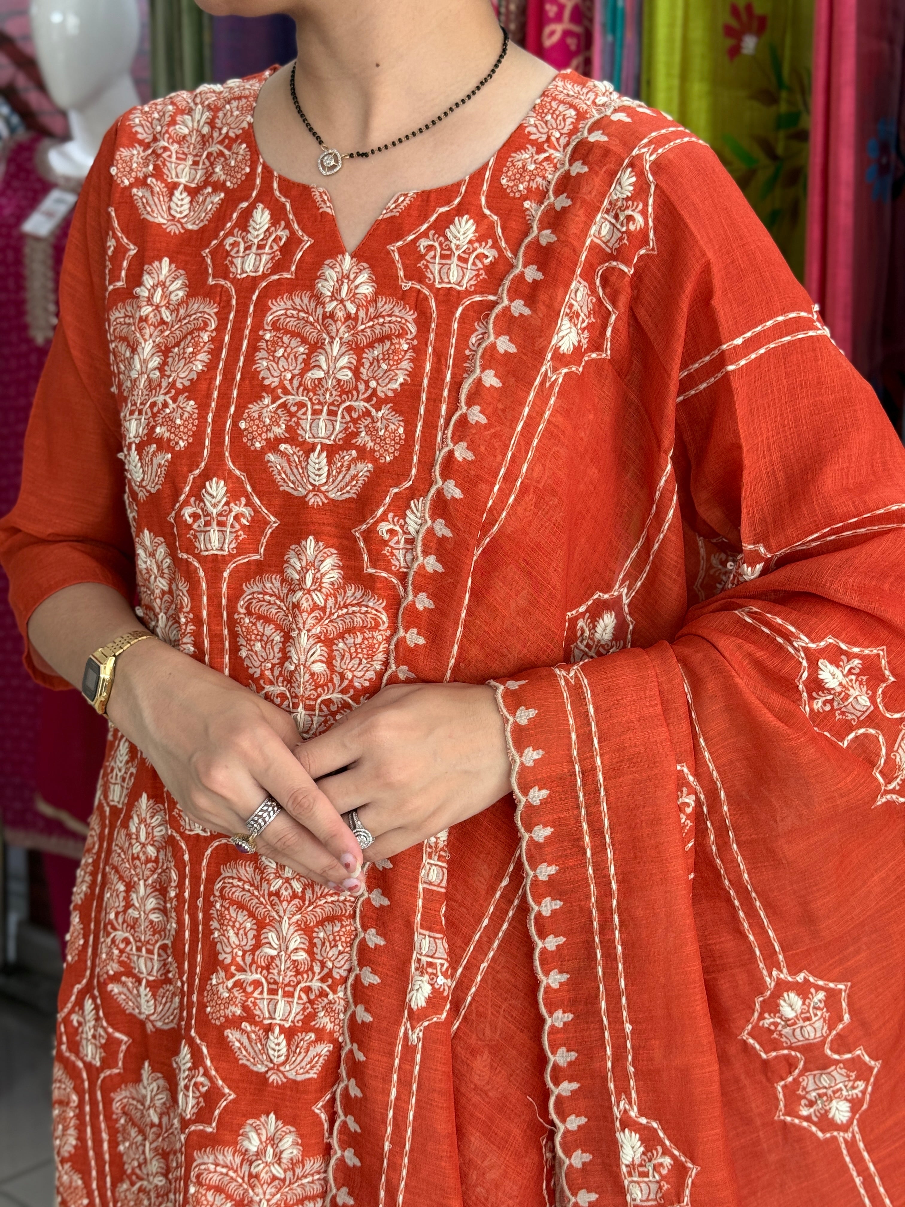Orange Kantha Hand Work Suit Set for Women | Ethnic Suit with Dupatta