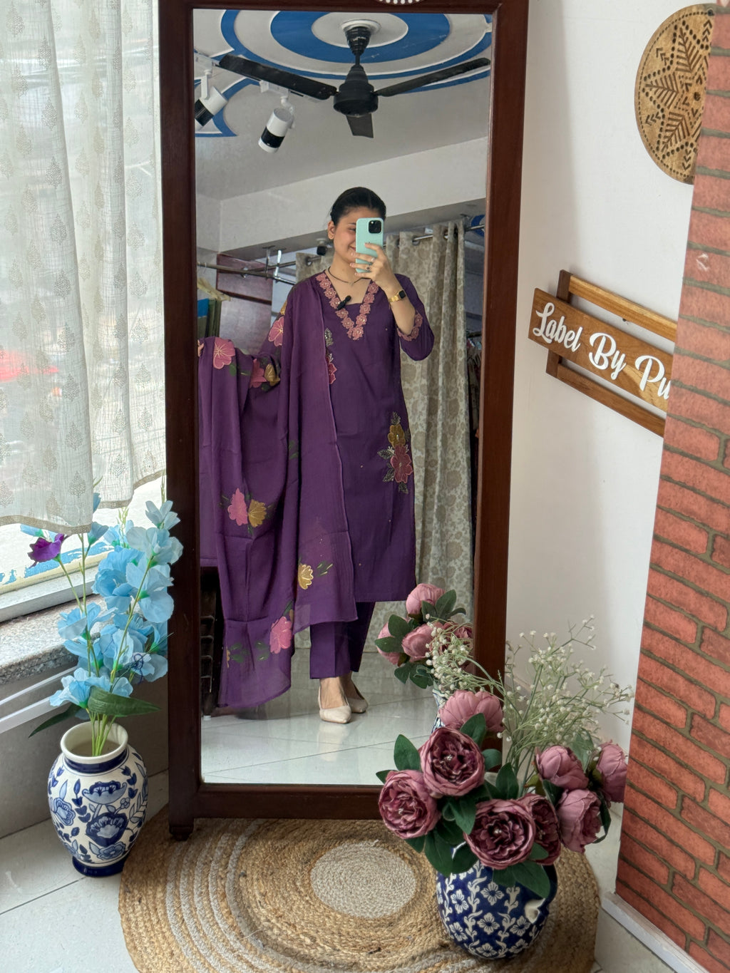 Purple Hand Painted Suit Set for Women | Floral Ethnic Suit with Dupatta