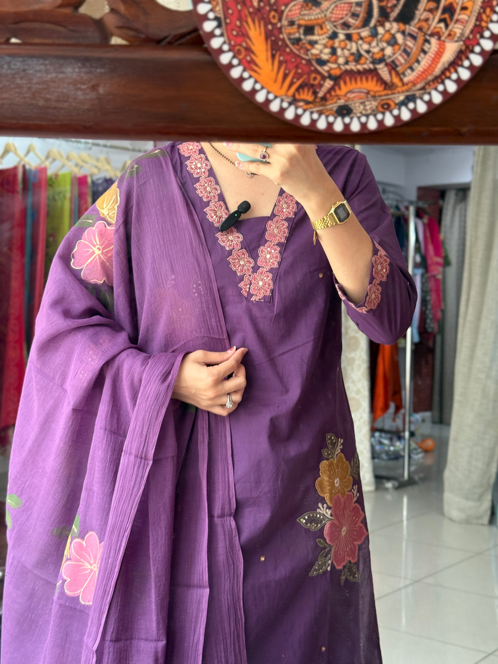 Purple Hand Painted Suit Set for Women | Floral Ethnic Suit with Dupatta