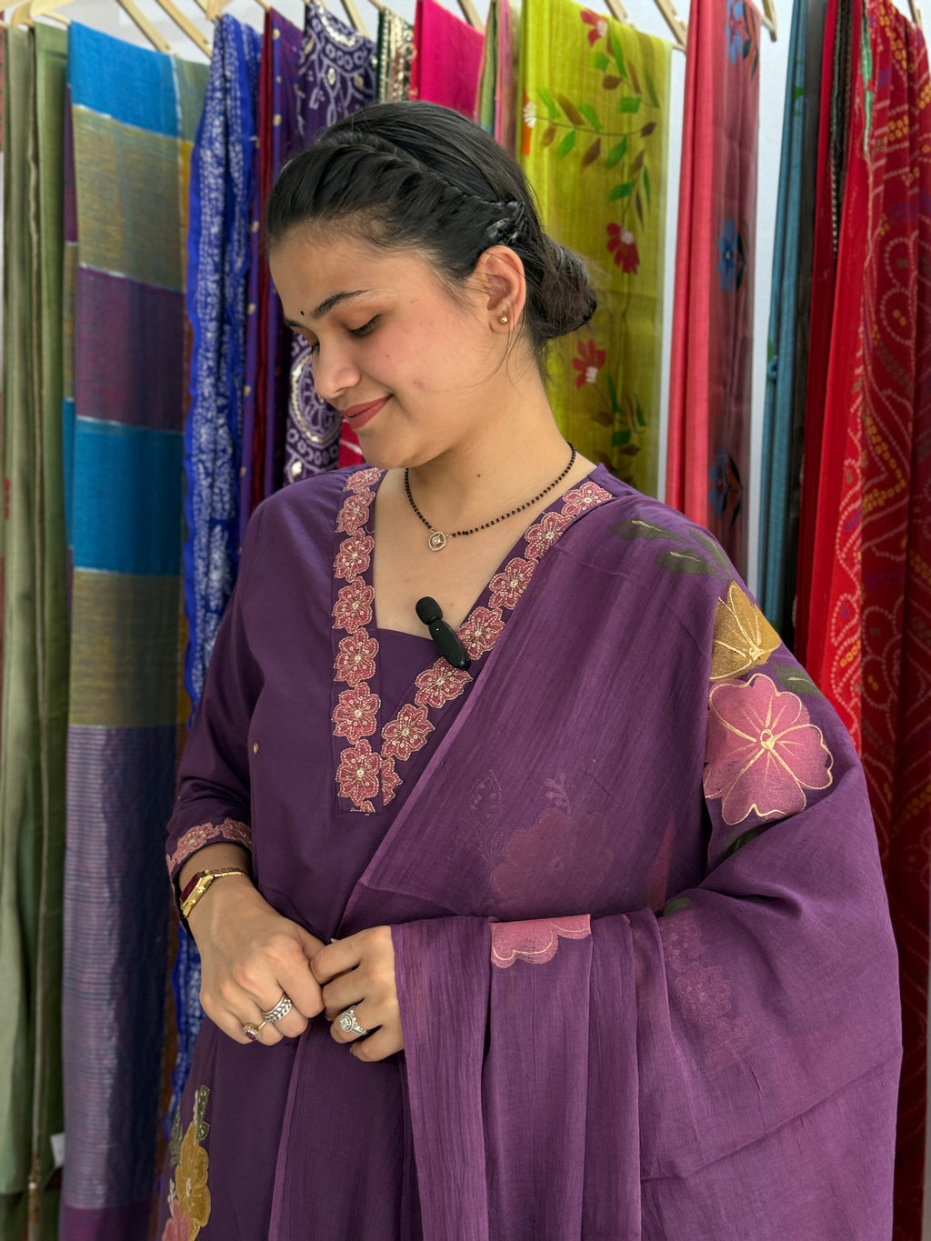 Purple Hand Painted Suit Set for Women | Floral Ethnic Suit with Dupatta