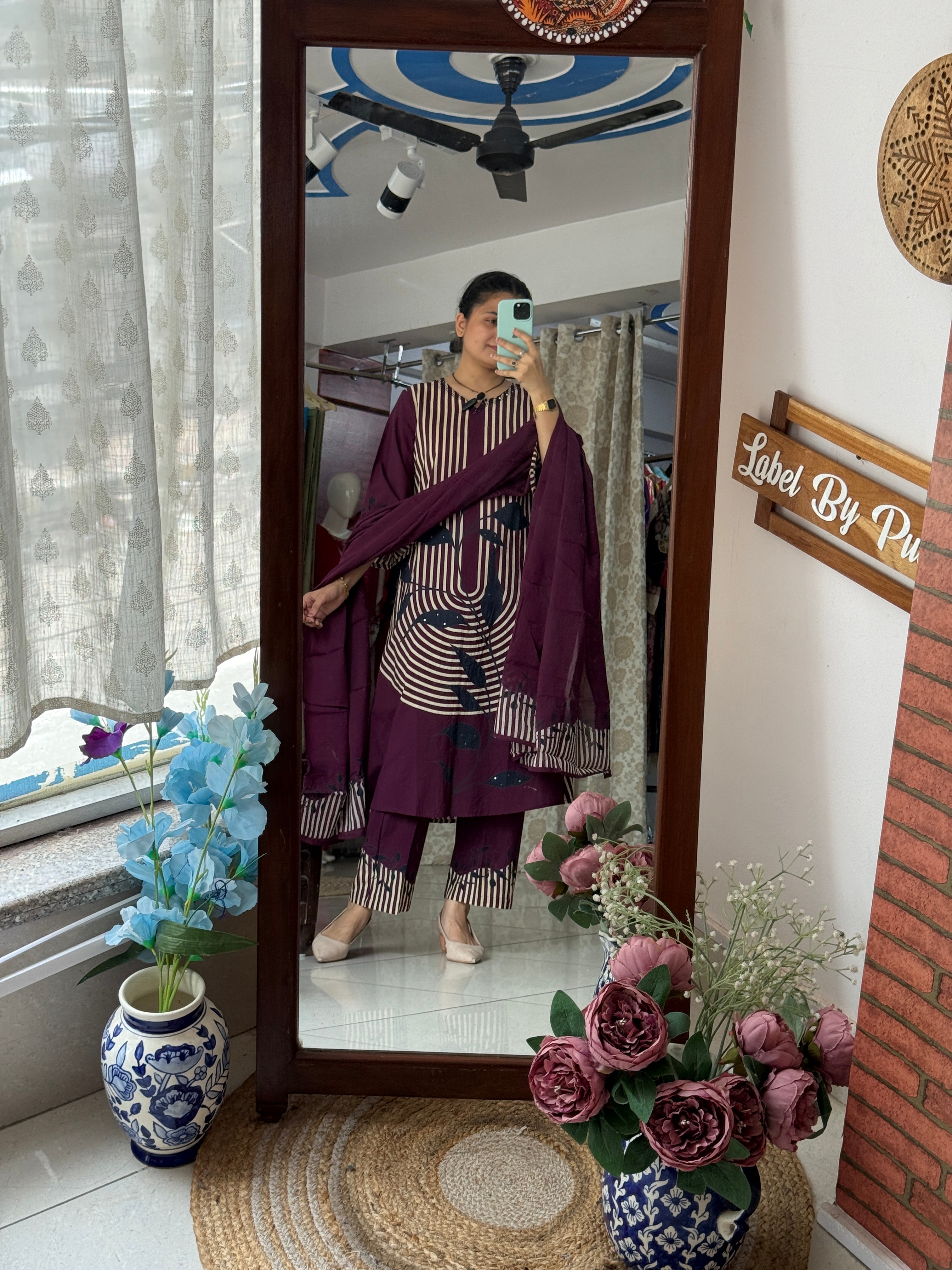 Wine Printed Suit Set for Women | Geometric Ethnic Suit with Dupatta