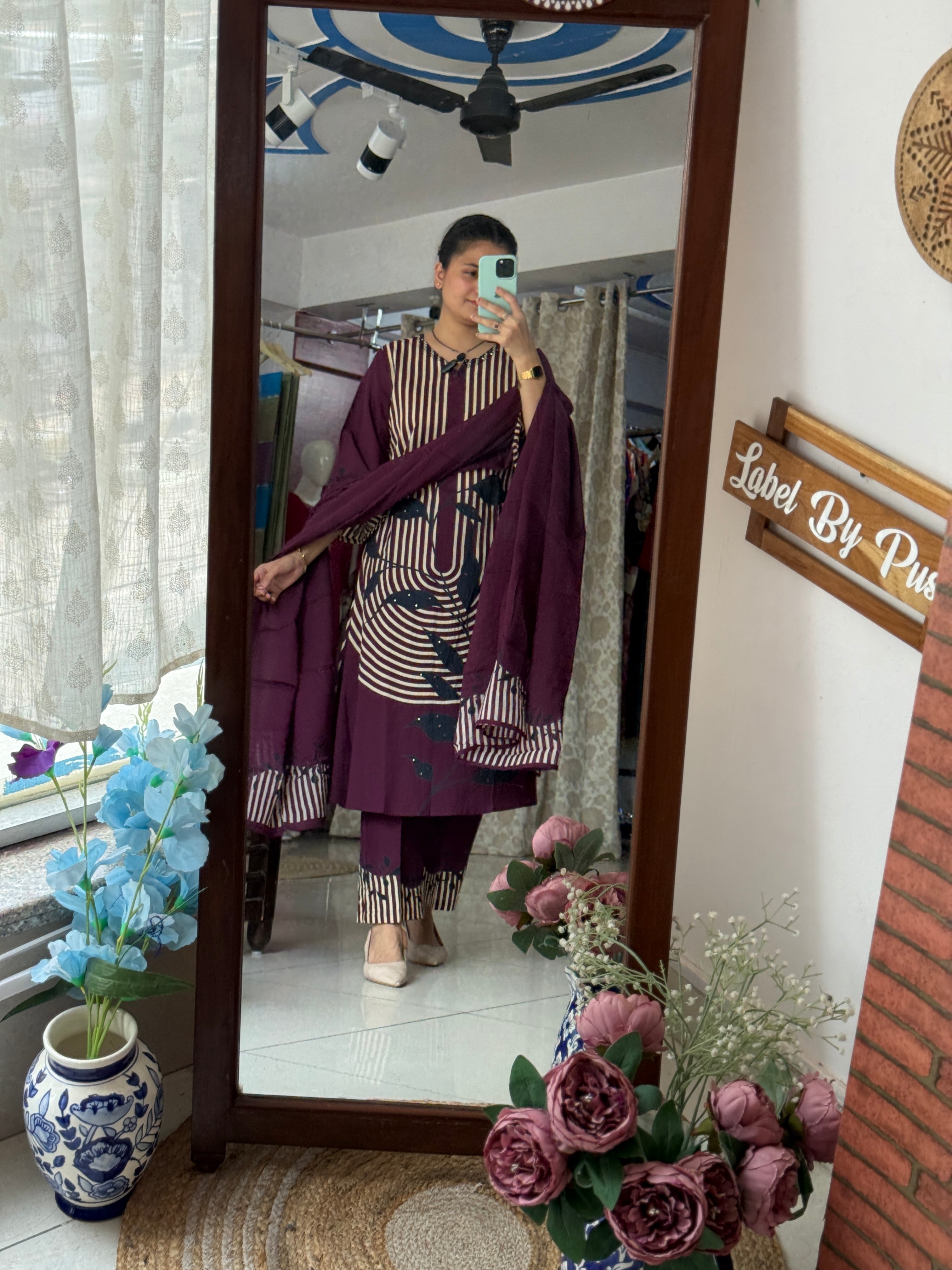 Wine Printed Suit Set for Women | Geometric Ethnic Suit with Dupatta