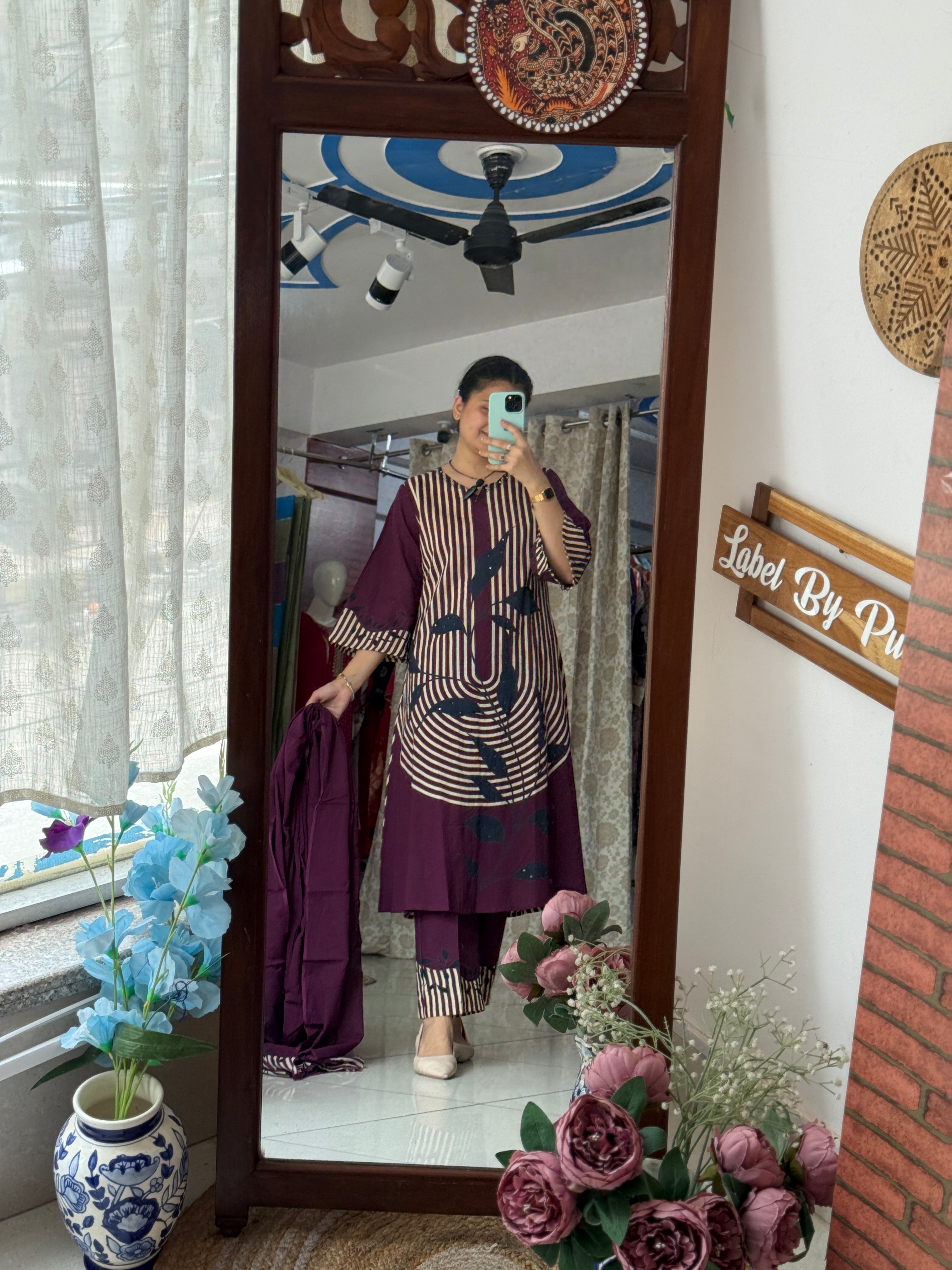Wine Printed Suit Set for Women | Geometric Ethnic Suit with Dupatta