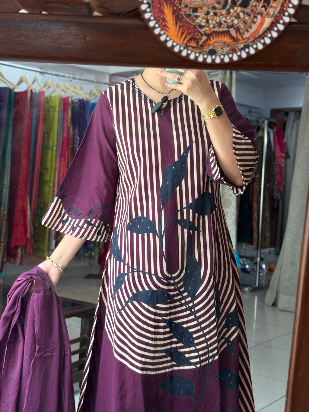 Wine Printed Suit Set for Women | Geometric Ethnic Suit with Dupatta