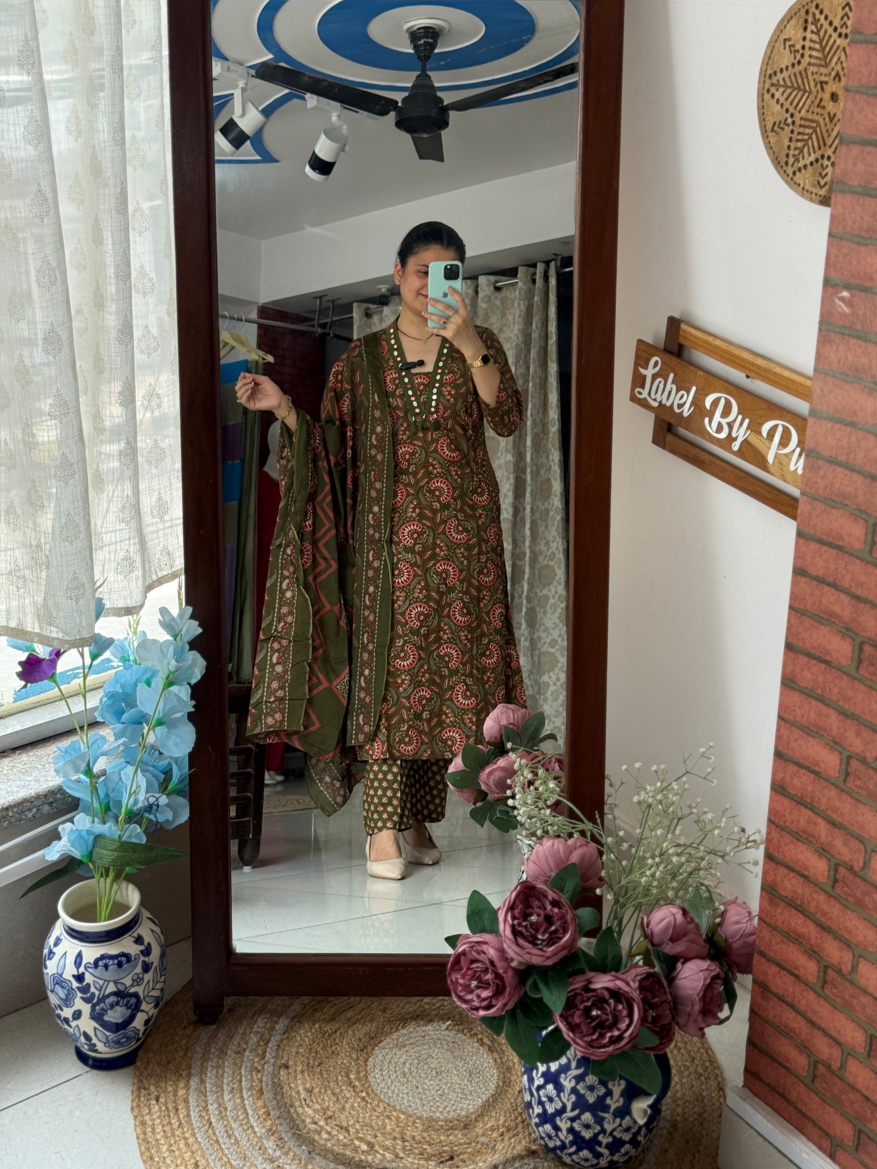 Green Printed Pocket Suit Set for Women | Ethnic Suit with Dupatta