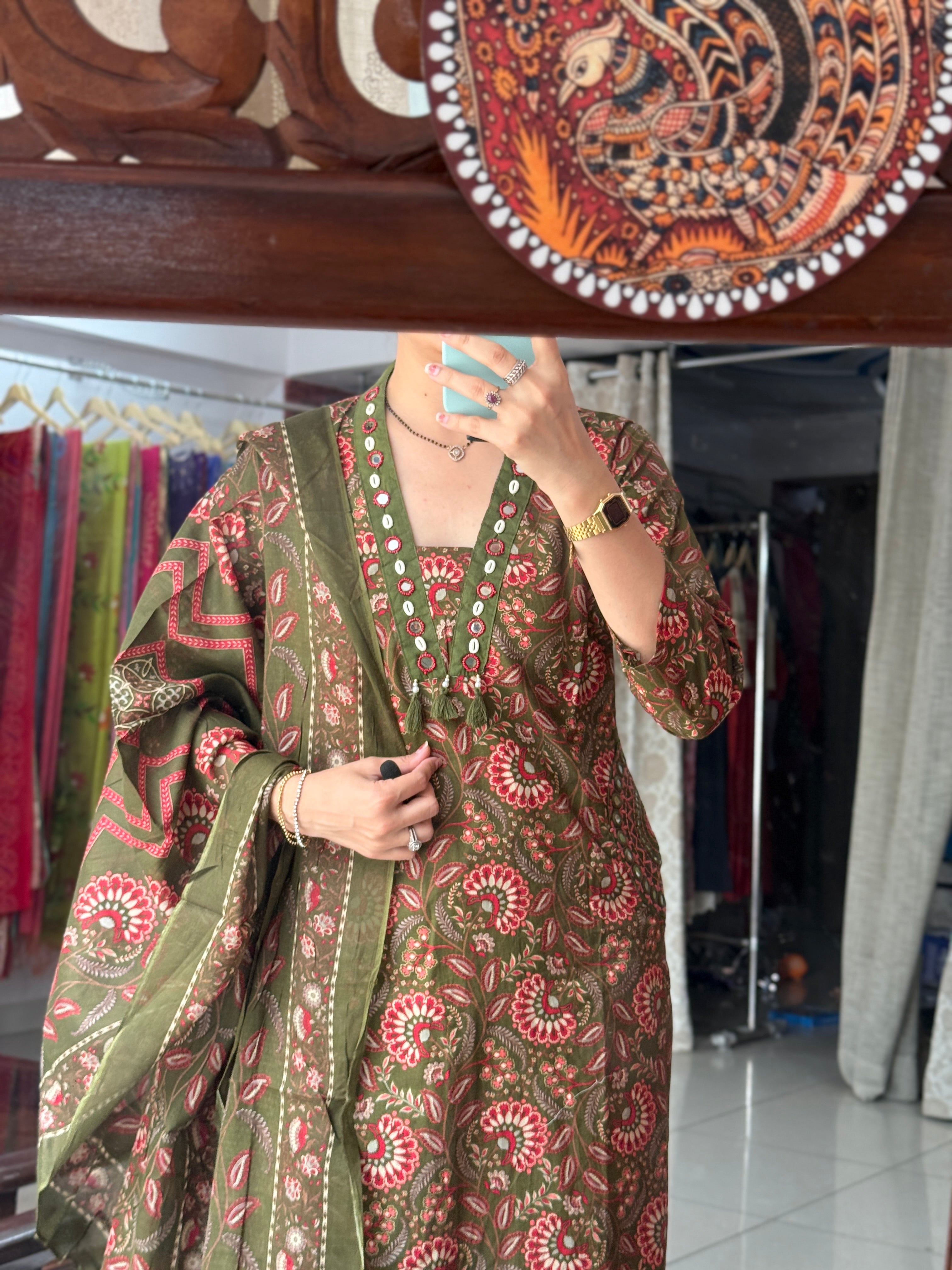 Green Printed Pocket Suit Set for Women | Ethnic Suit with Dupatta