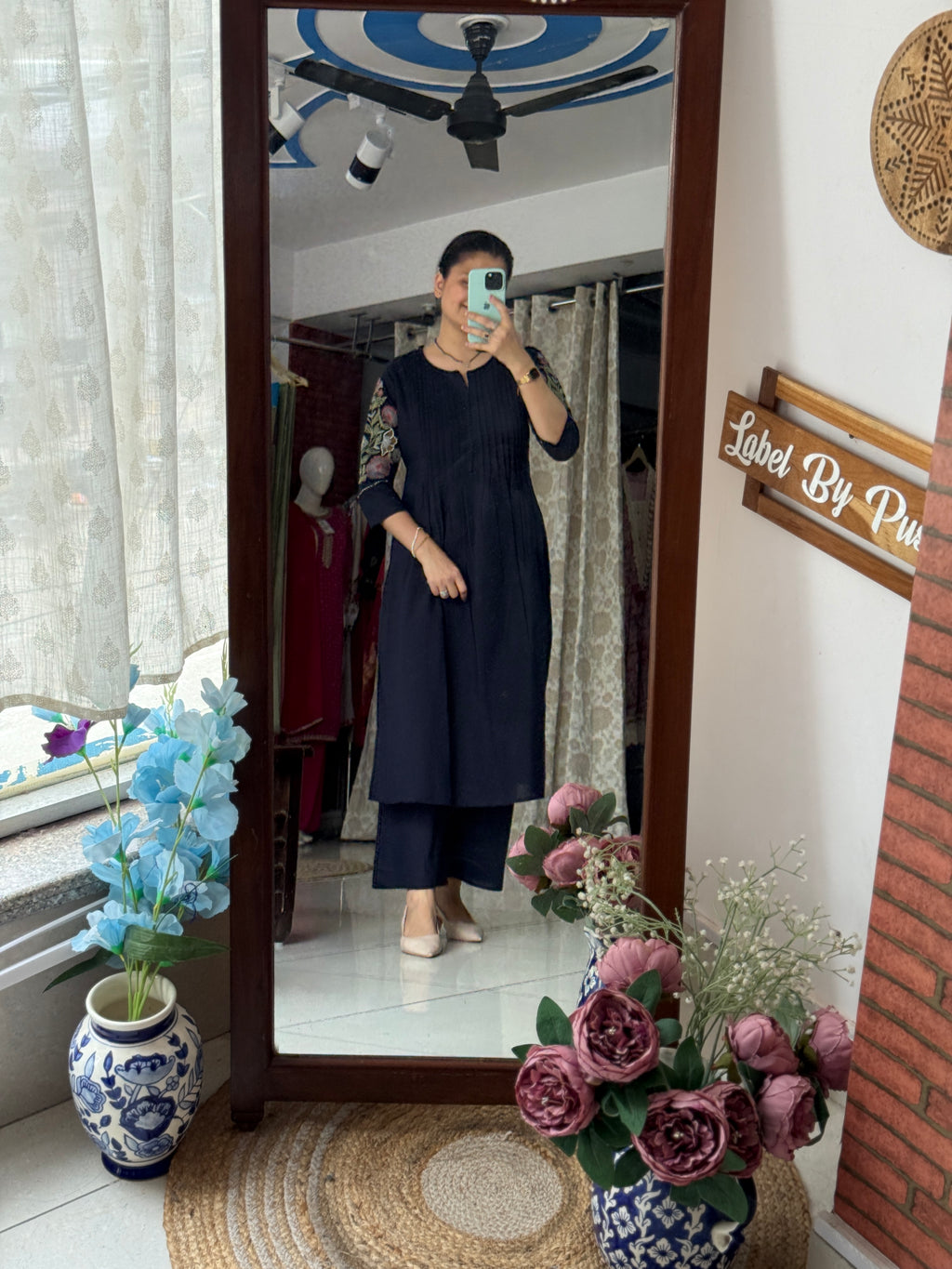 Navy Blue Embroidered Kurta Set for Women | Ethnic Kurta Pant Set