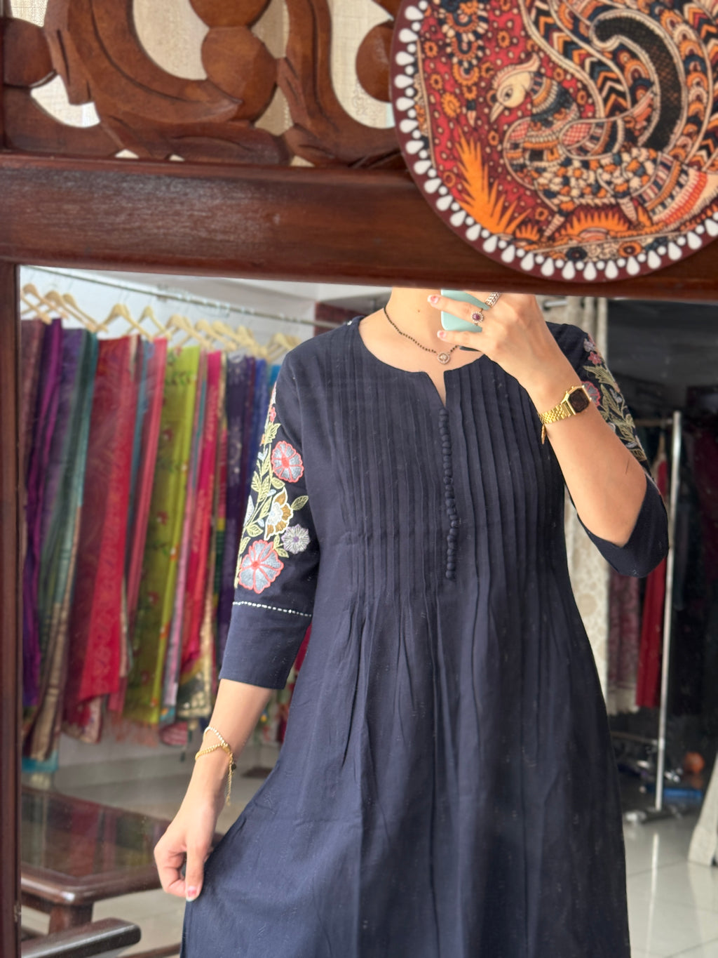 Navy Blue Embroidered Kurta Set for Women | Ethnic Kurta Pant Set