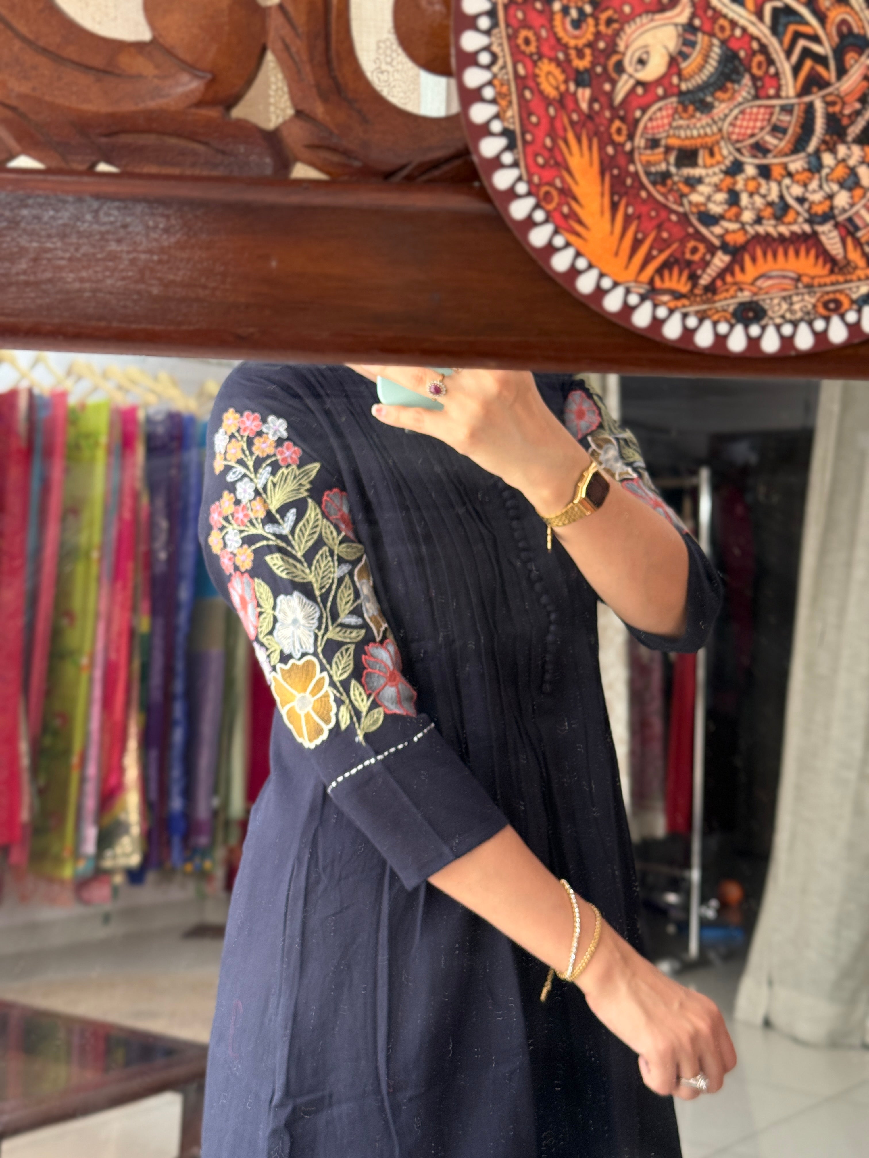 Navy Blue Embroidered Kurta Set for Women | Ethnic Kurta Pant Set