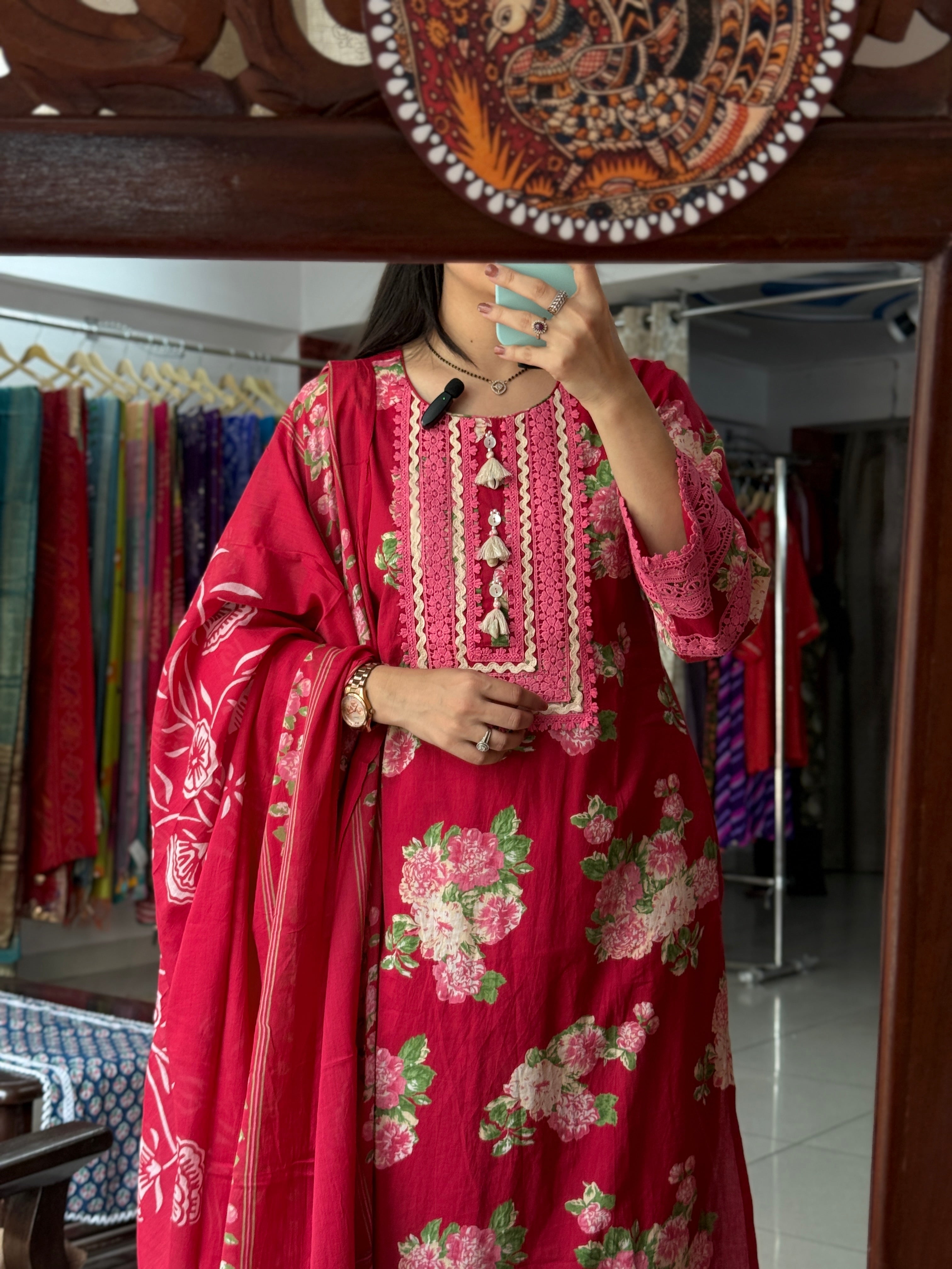 Red Floral Lace Work Suit Set for Women | Embroidered Ethnic Suit with Dupatta