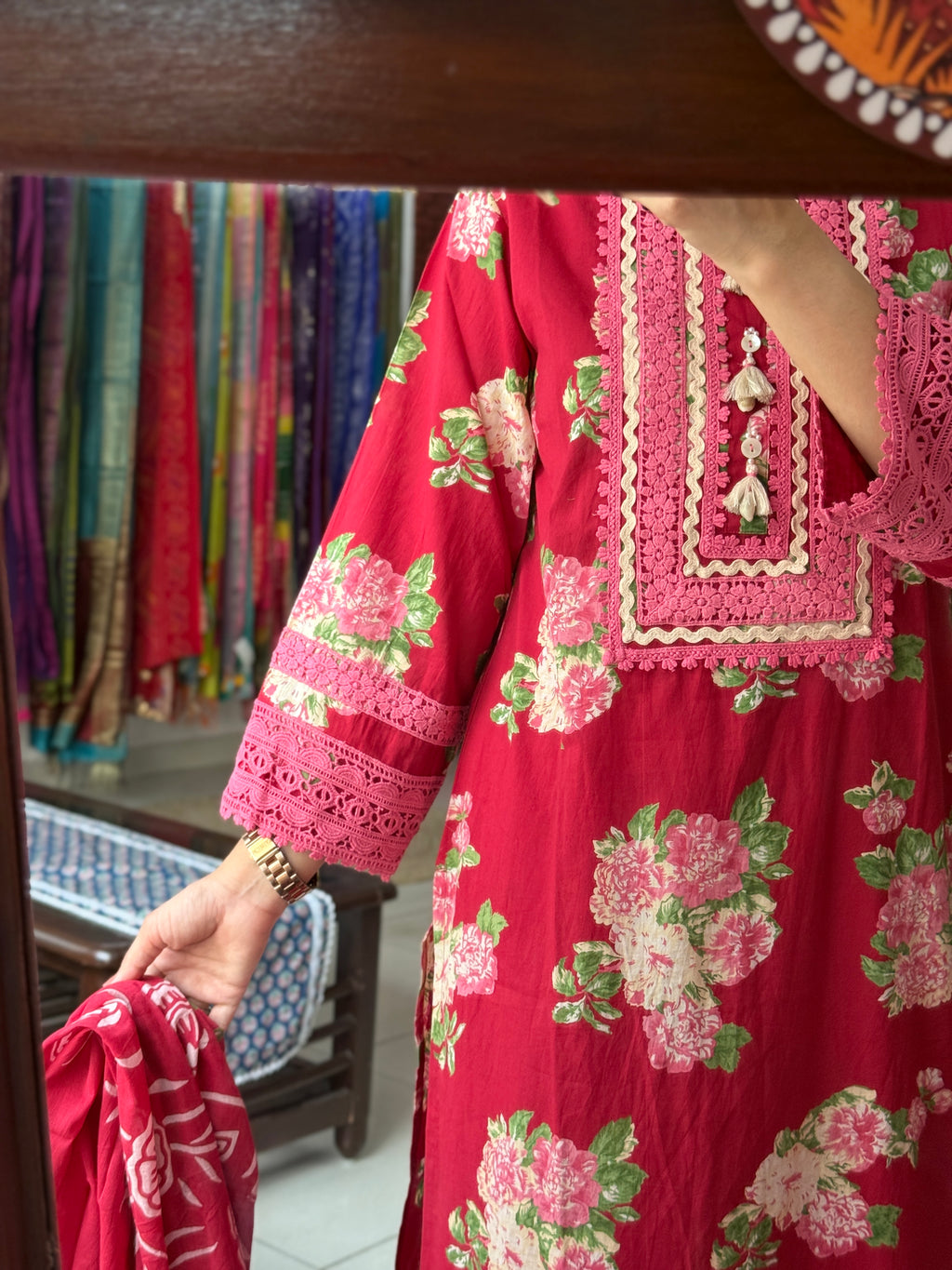 Red Floral Lace Work Suit Set for Women | Embroidered Ethnic Suit with Dupatta