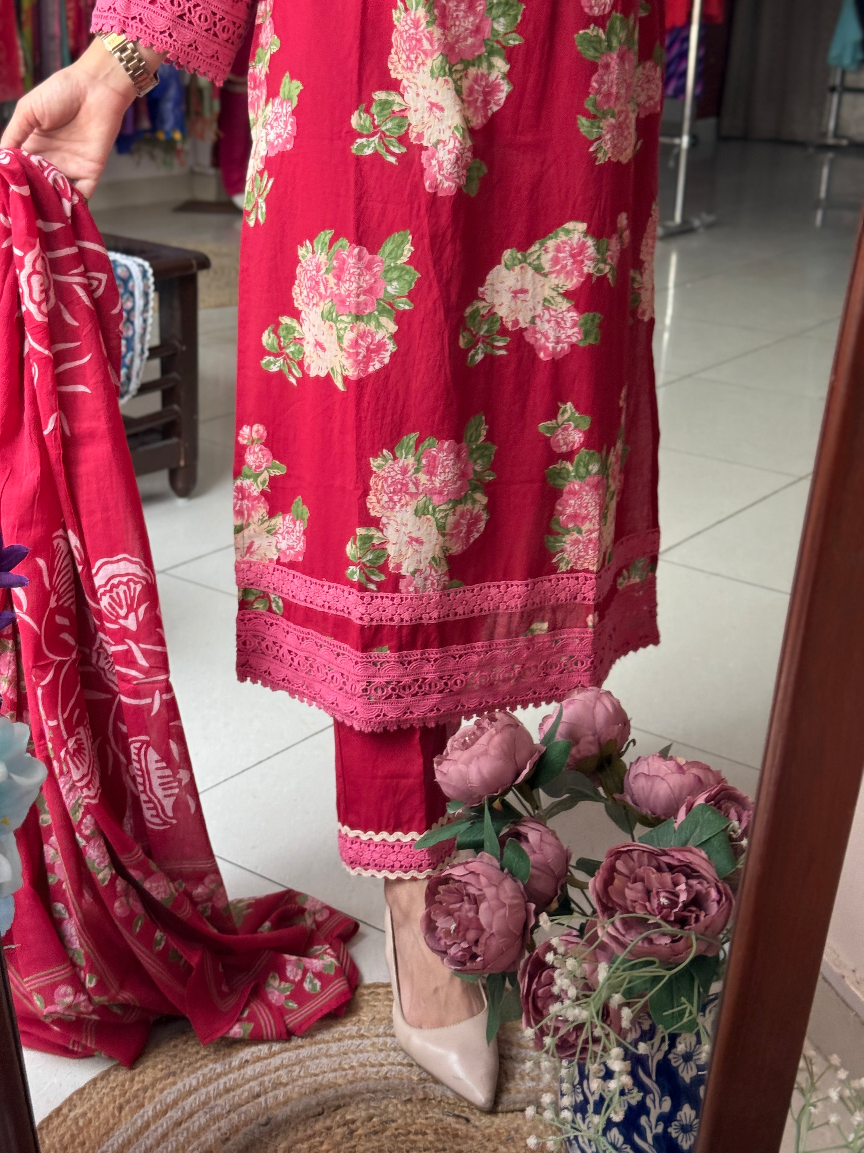 Red Floral Lace Work Suit Set for Women | Embroidered Ethnic Suit with Dupatta
