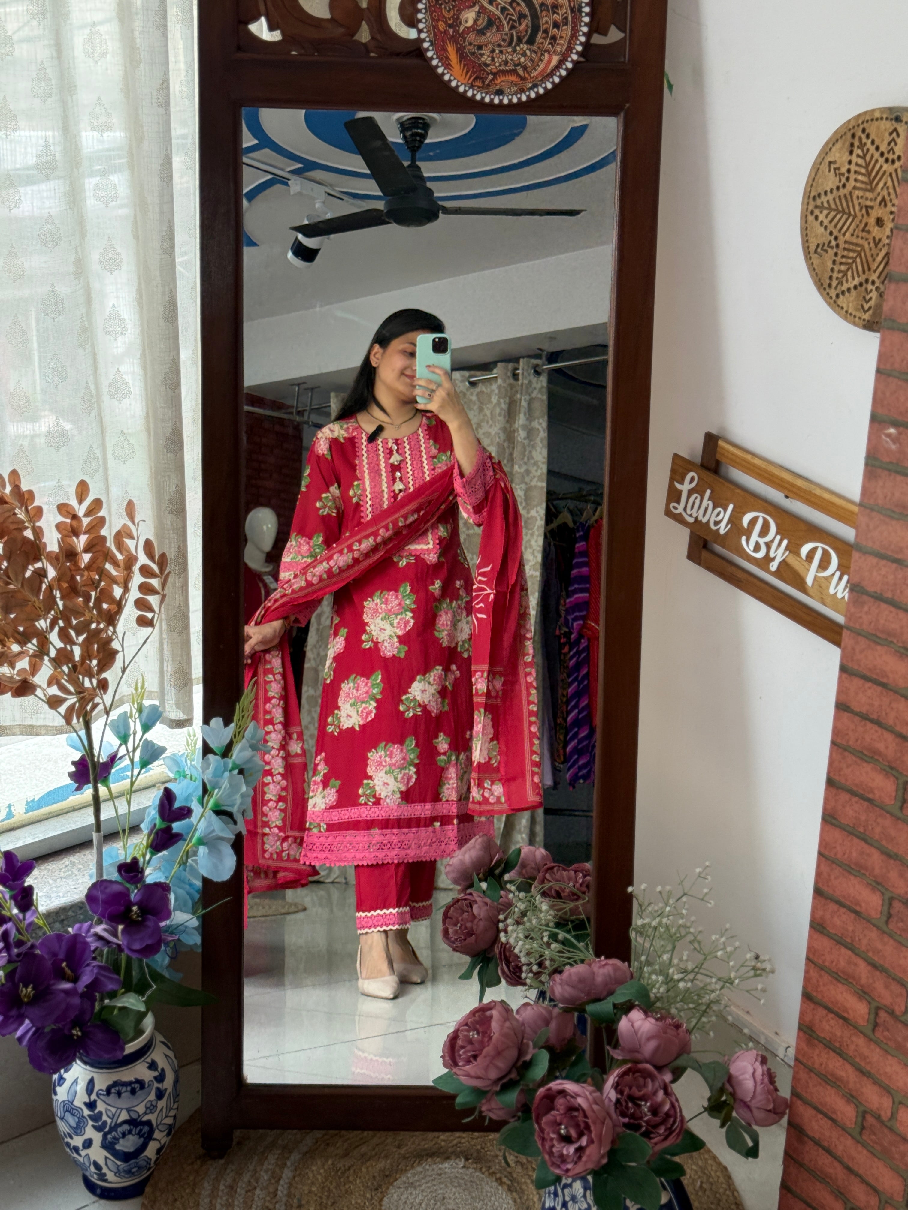 Red Floral Lace Work Suit Set for Women | Embroidered Ethnic Suit with Dupatta
