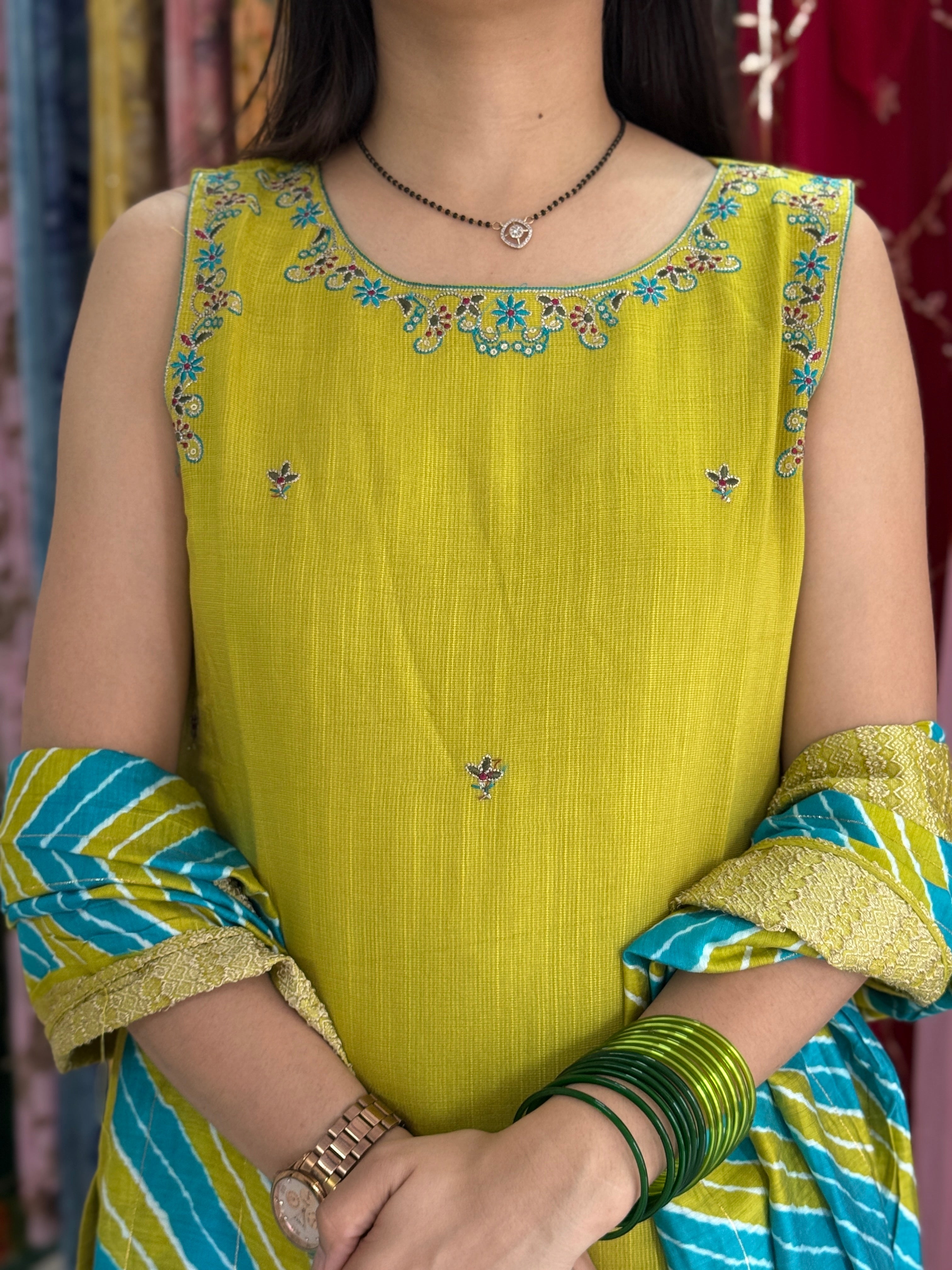 Mehndi Green Suit Set for Women | Embroidered Kurta Set with Dupatta