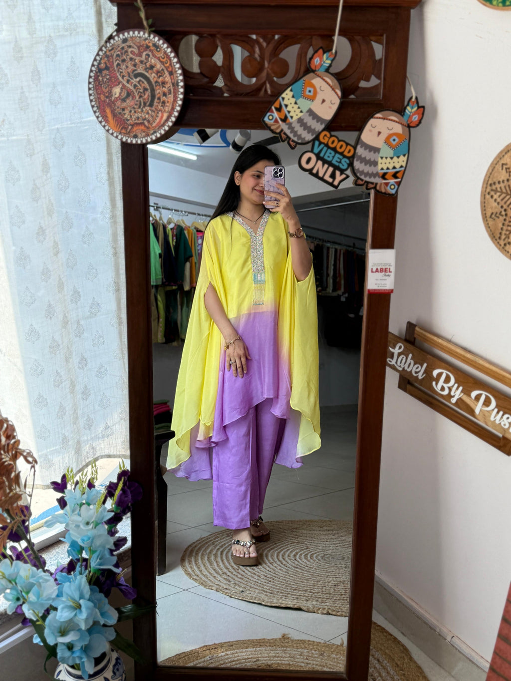 Yellow & Lavender Ombré Pure Chinon Silk Kaftan Set with Handwork Neckline