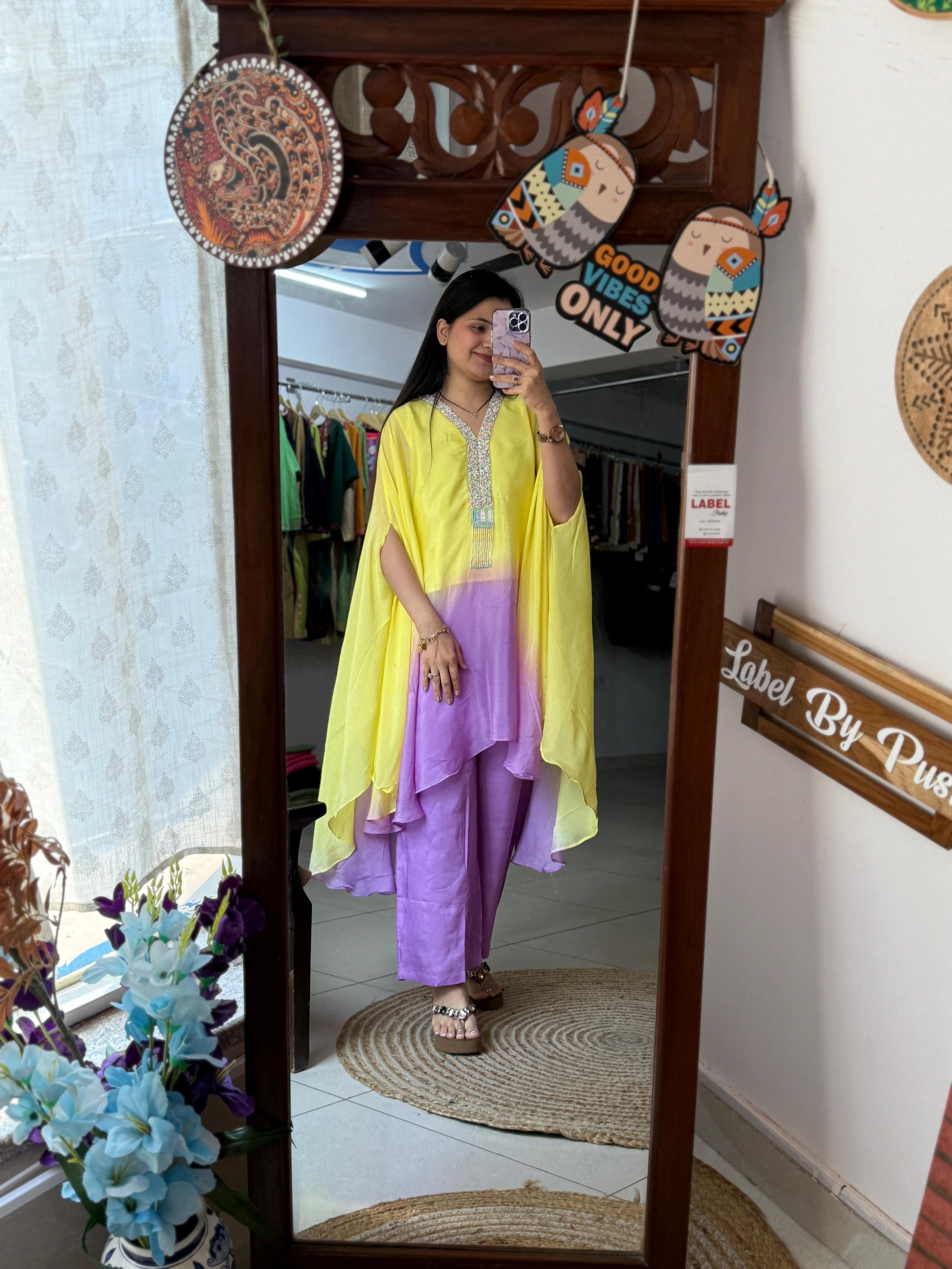Yellow & Lavender Ombré Pure Chinon Silk Kaftan Set with Handwork Neckline