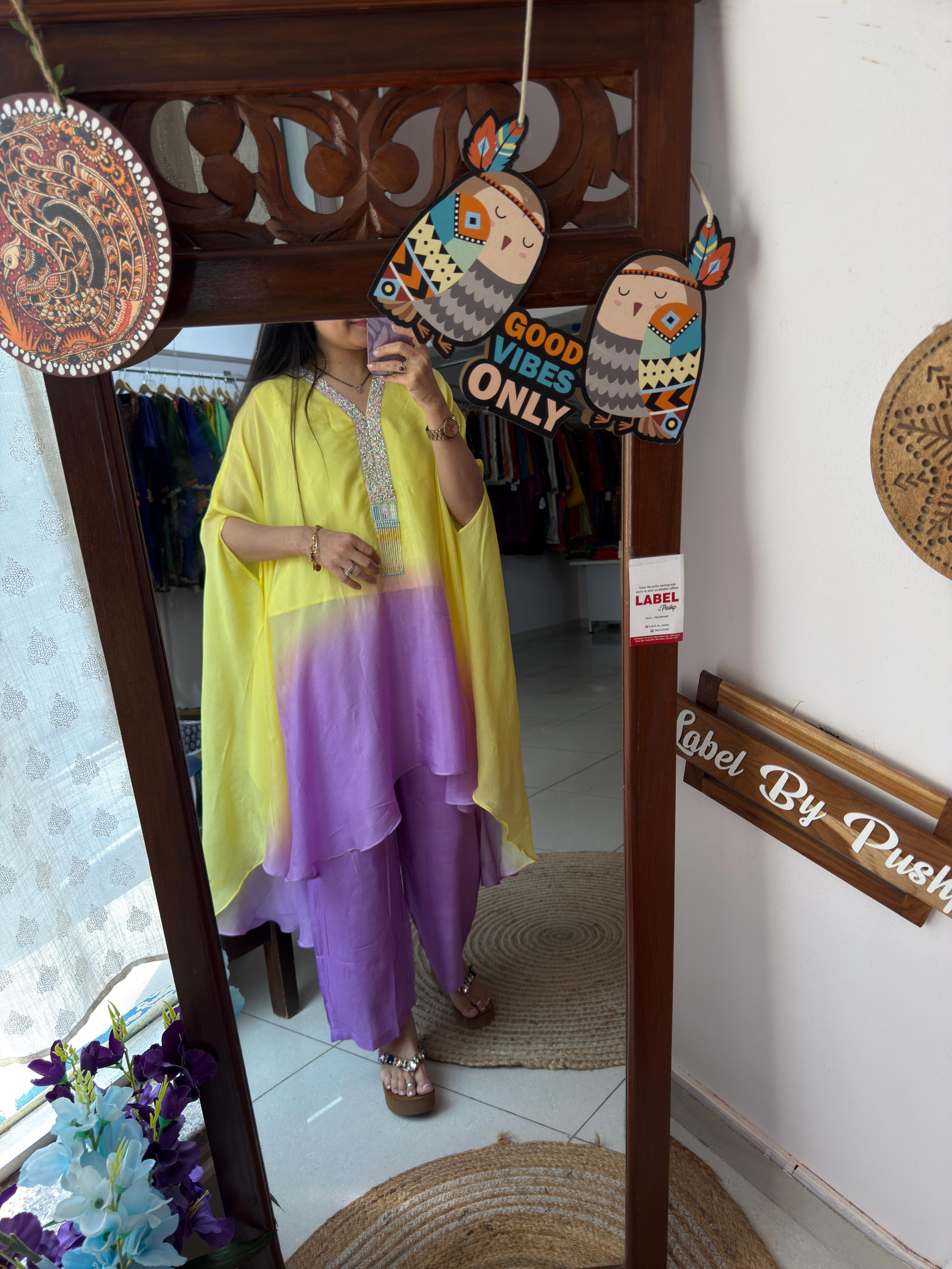 Yellow & Lavender Ombré Pure Chinon Silk Kaftan Set with Handwork Neckline