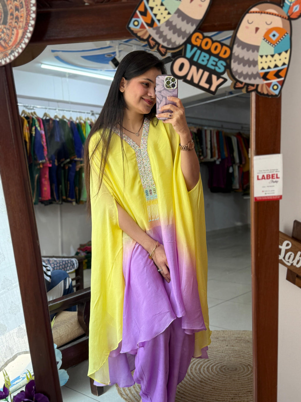 Yellow & Lavender Ombré Pure Chinon Silk Kaftan Set with Handwork Neckline