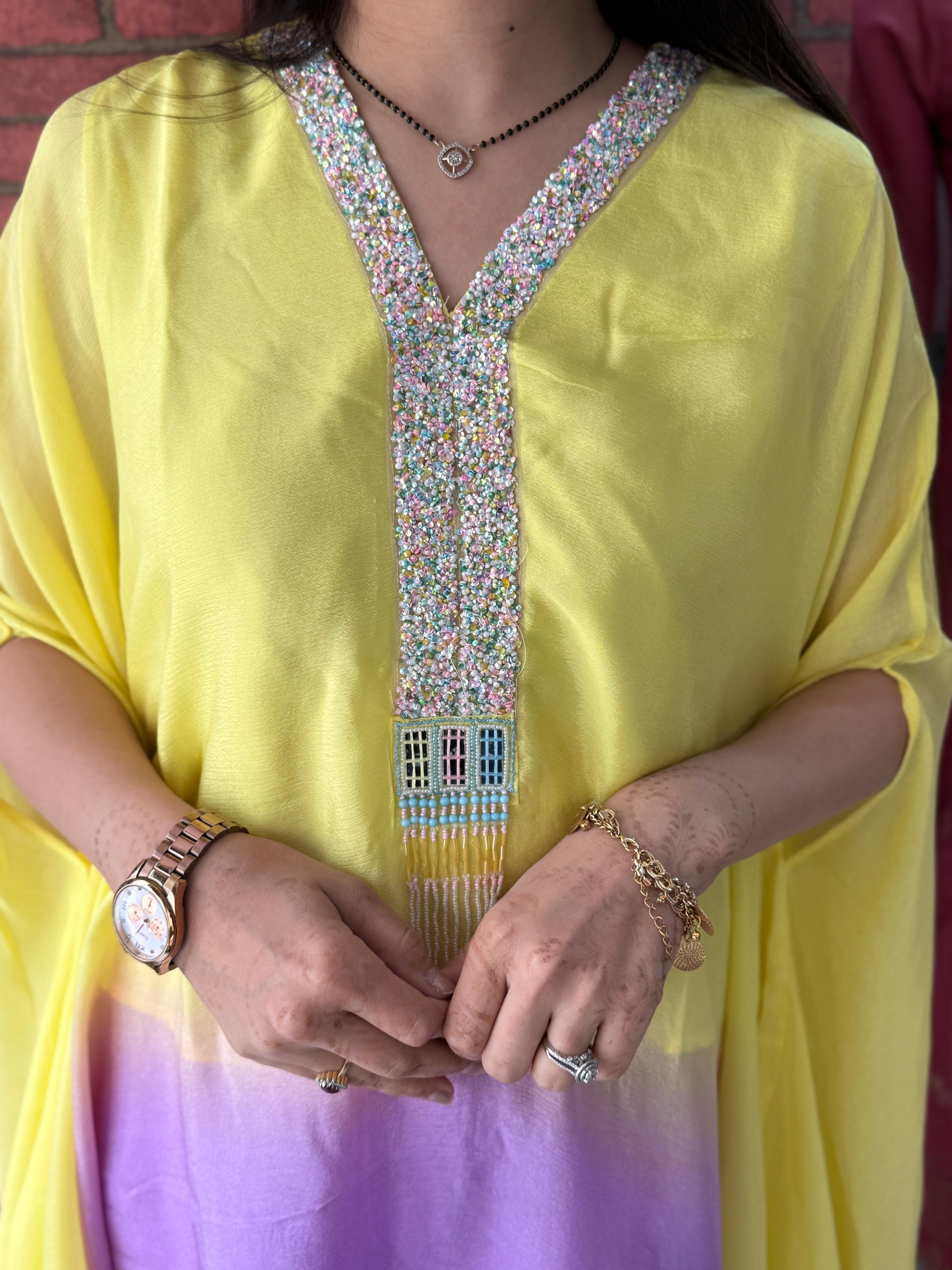 Yellow & Lavender Ombré Pure Chinon Silk Kaftan Set with Handwork Neckline