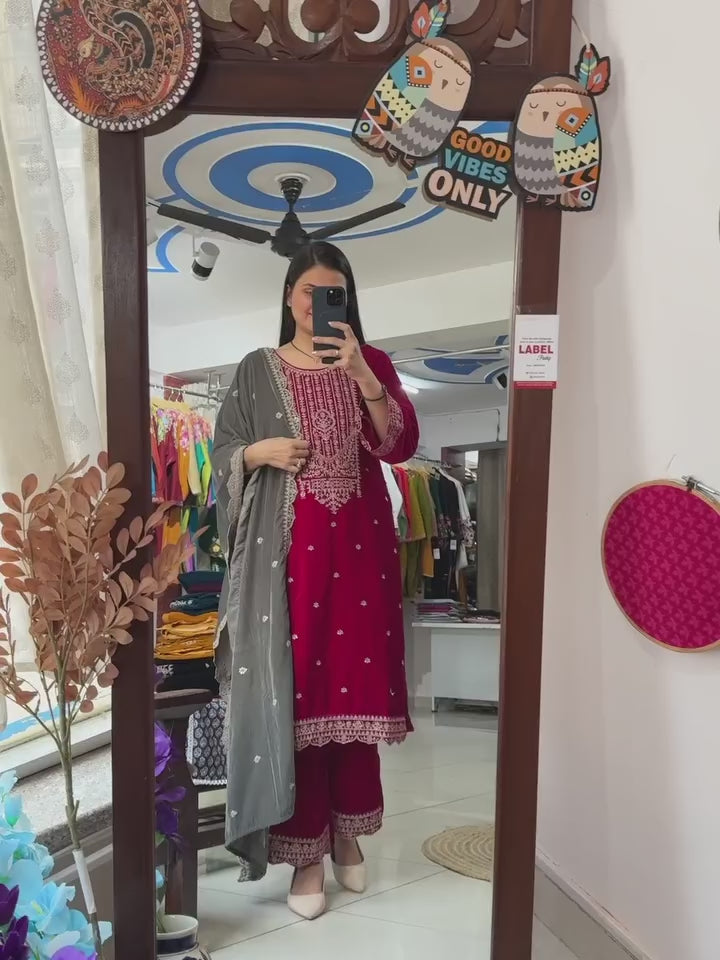 Designer Velvet Suit Set – Premium Hand-Embroidered Velvet Kurti With Dupatta